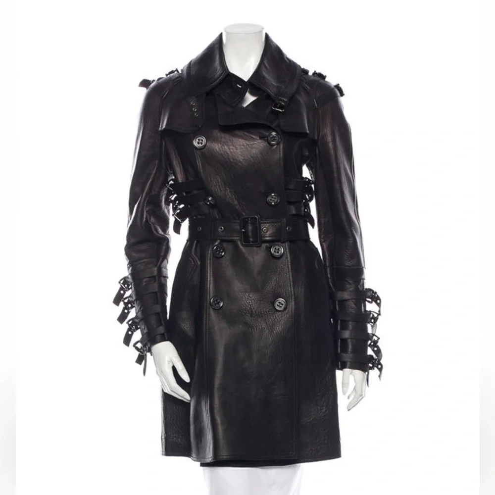 Burberry soft black leather motorcycle trench coat with strap buckles size small - Picture 5 of 6
